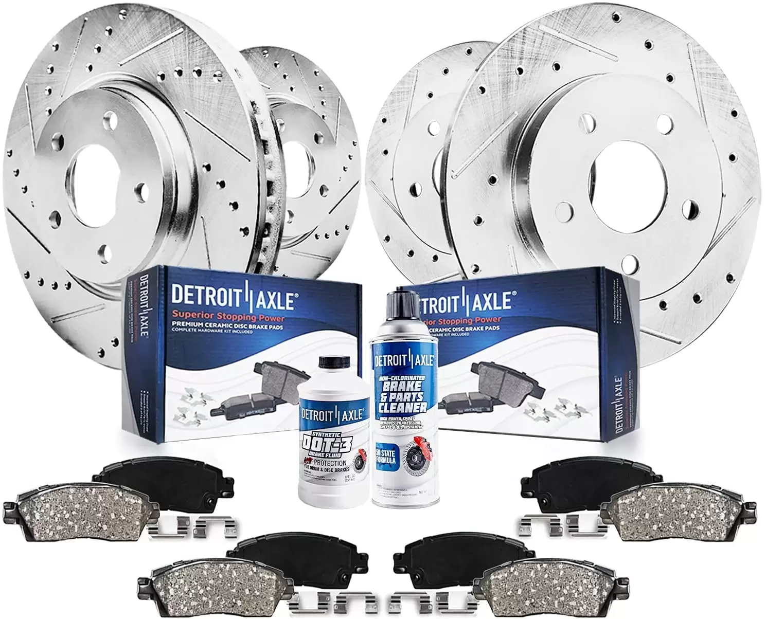 Detroit Axle - Brake Kit for 1999-2004 Ford Mustang Base GT Drilled & Slotted Brake Rotors 1999 2000 2001 2002 2003 2004 Ceramic Brakes Pads Front and Rear