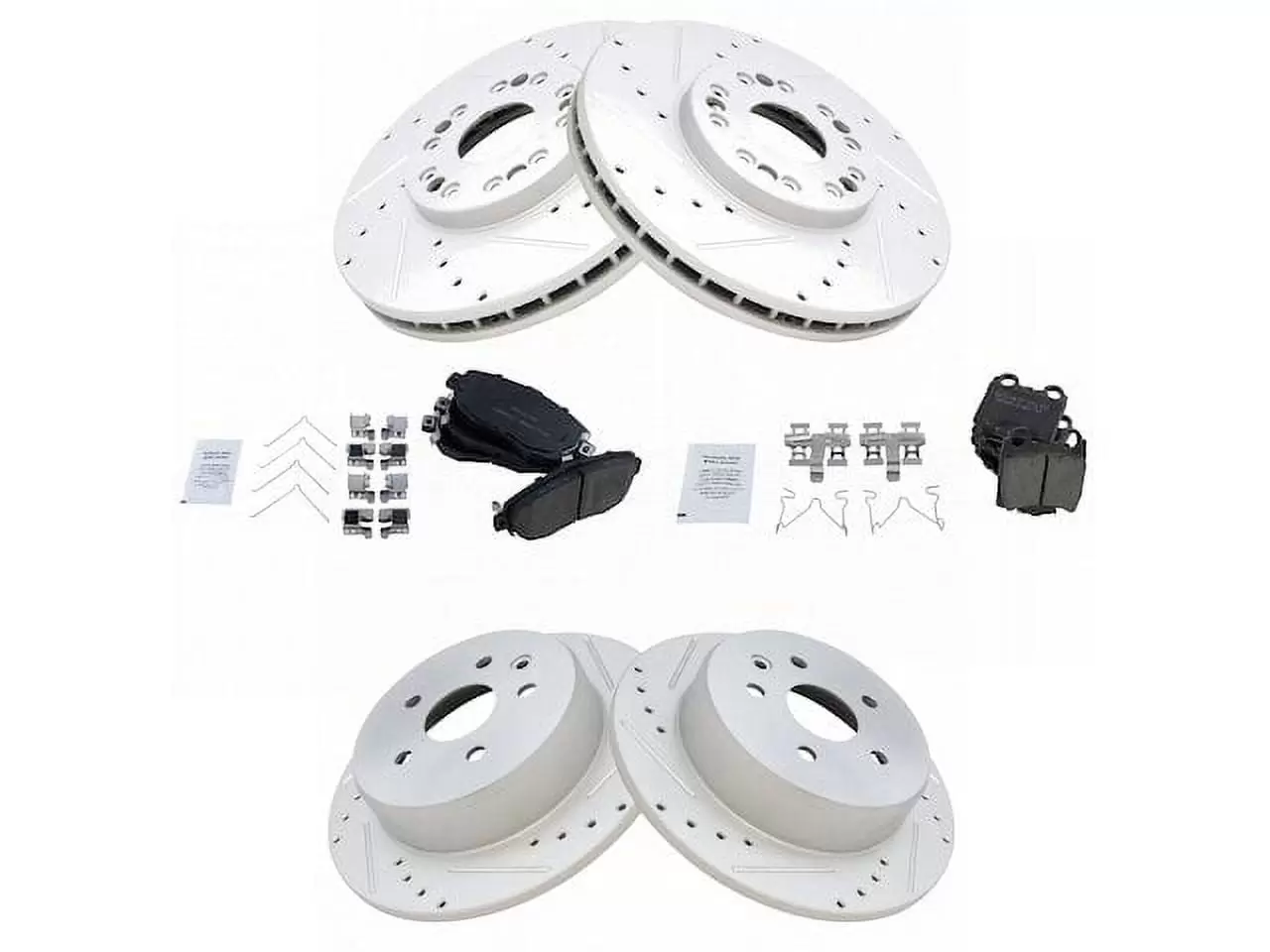 Front and Rear Ceramic Brake Pad and Cross Drilled and Slotted Rotor Kit - 5 Lug - Vented Front Rotors - Solid Rear Rotors - Compatible with 2001 - 2005 IS300 2002 2003 2004