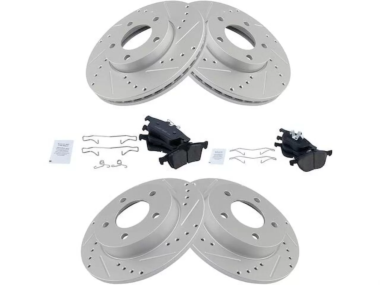 Front and Rear Ceramic Brake Pads and Cross Drilled and Slotted Rotor Kit - Vented Front Rotors - Solid Rear Rotors - Compatible with 2004 - 2013 Mazda 3 2.0L 4-Cylinder 2006 2007 2010 2012