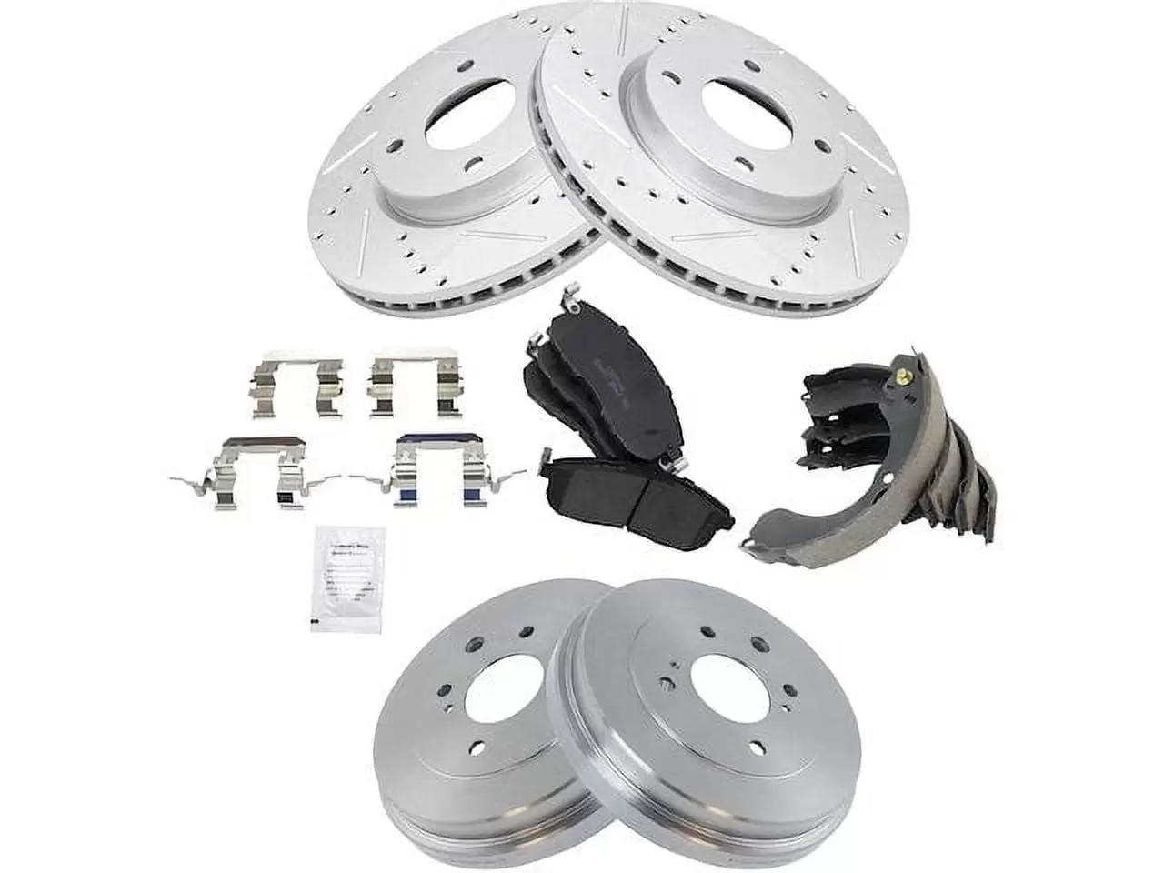 Front and Rear Ceramic Brake Pads and Cross Drilled and Slotted Rotor Shoe Drum Kit - 4 Lug - Premium G-Coated - Vented Front Rotors - Compatible with 2007 - 2012 Nissan Sentra (with 4 Lug Wheels)