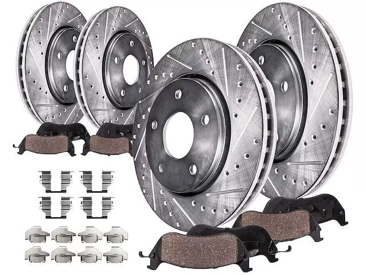 Front and Rear Ceramic Brake Pad and Drilled and Slotted Rotor Kit - Compatible with 2011 - 2013 Inifiniti G37 Sedan 2012